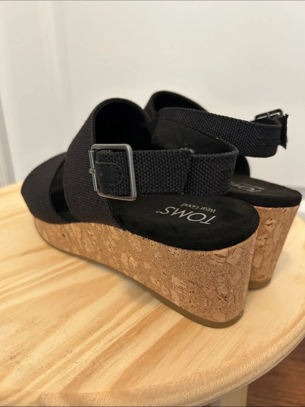 Toms Black Fabric Cork Platform Sandals